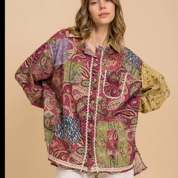 BLUE VELVET PAISLEY PATCHWORK OVERSIZED SHACKET - Picture 1 of 11